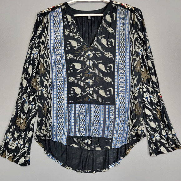 Lucky Brand Shirt Womens Medium Black Blue Embroidered Boho Sheer Peasant Blouse - Picture 1 of 15